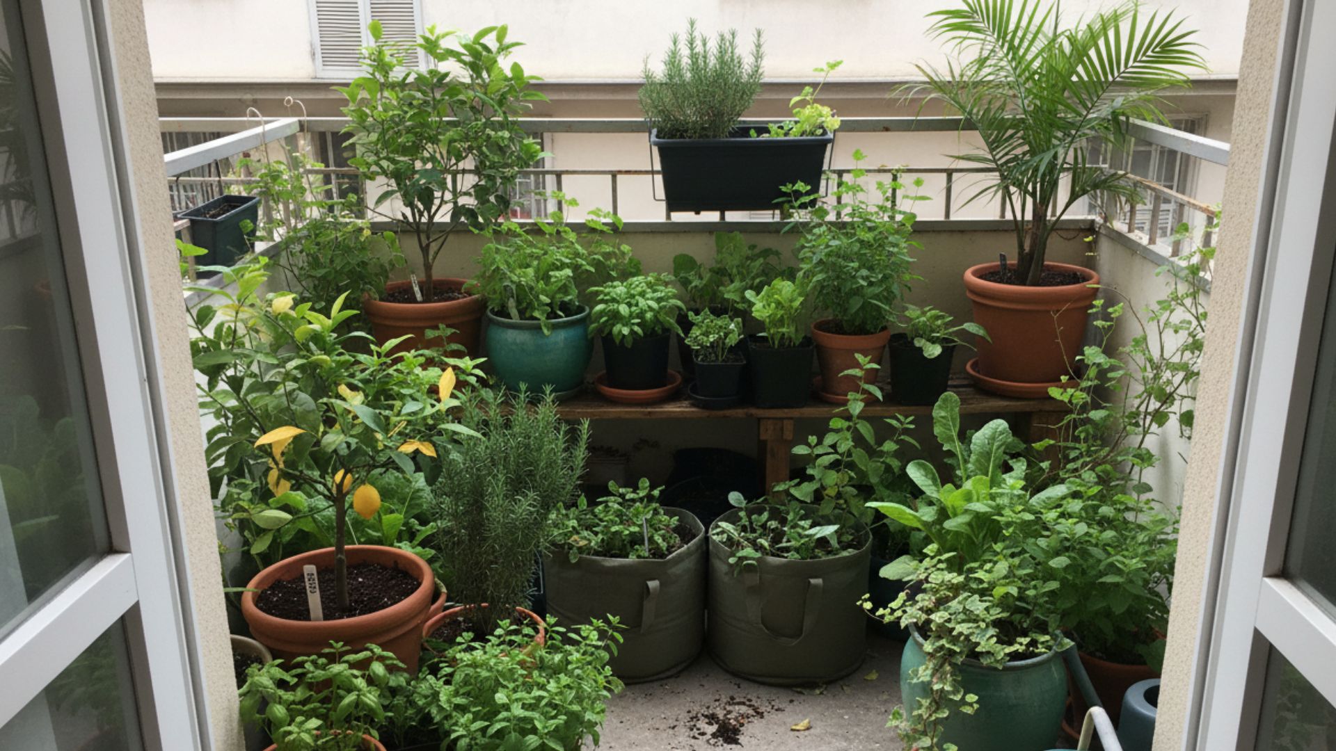 A thriving Zone 10 balcony garden filled with container plants including dwarf citrus, herbs, and tropical fruit trees in various pots and grow bags.