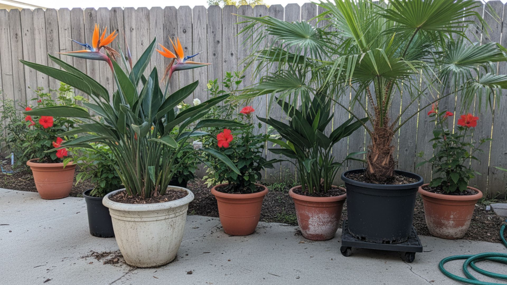 Tropical container garden on a residential patio featuring bird of paradise, fan palm, hibiscus, and canna lilies in various pots