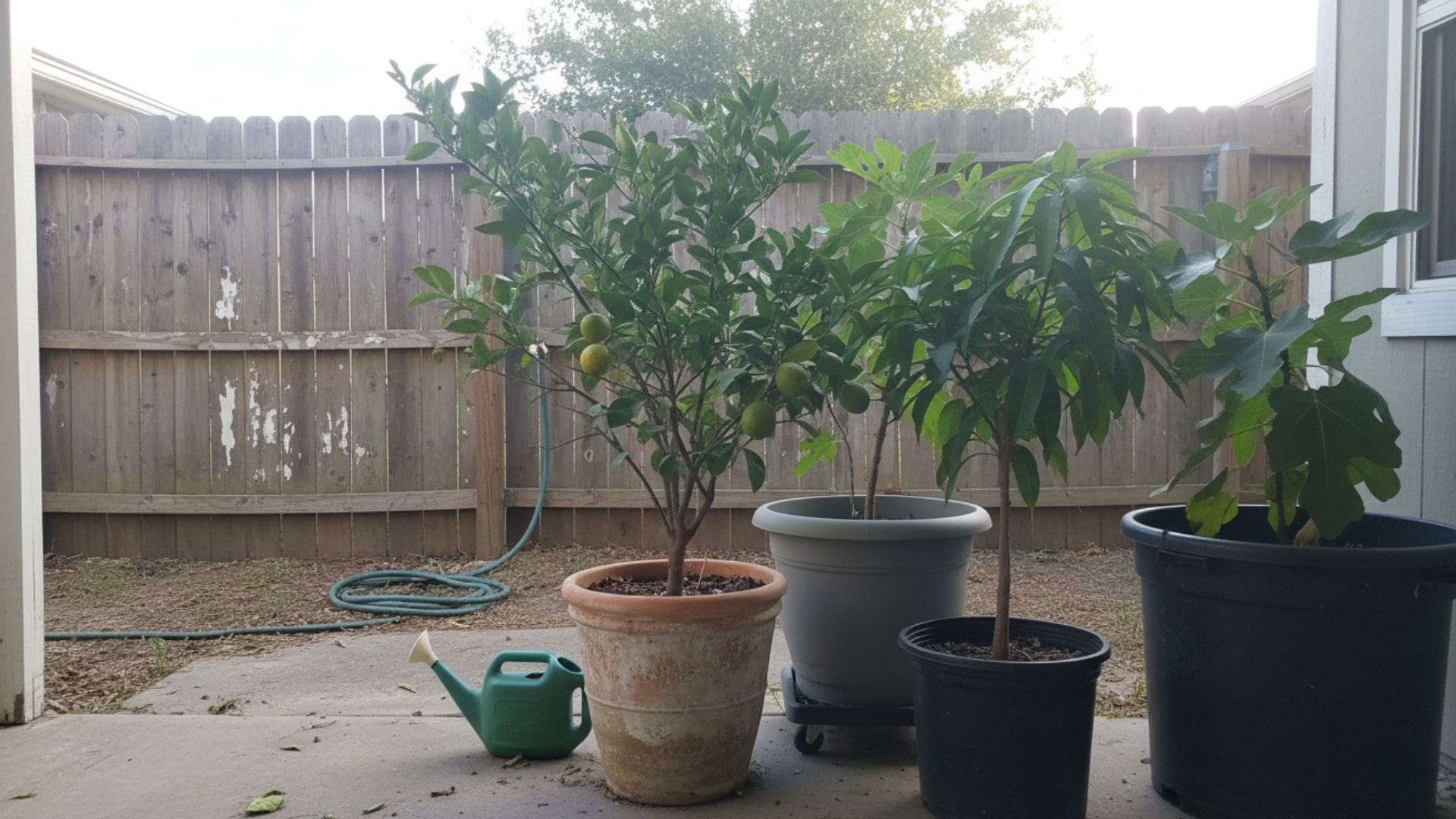 Several potted tropical fruit trees including citrus, mango, and fig arranged on a sunny back porch patio in a warm climate zone.