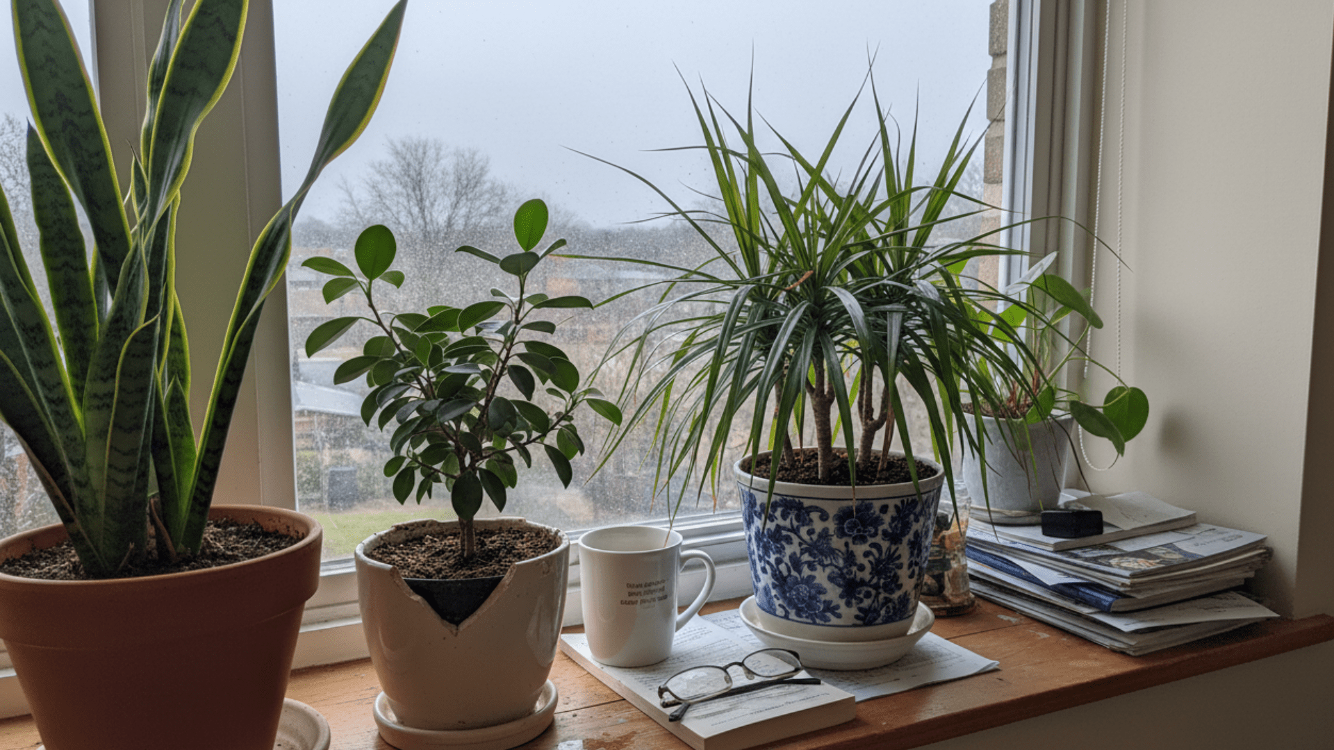 a collection of classic houseplants on a cluttered home windowsill