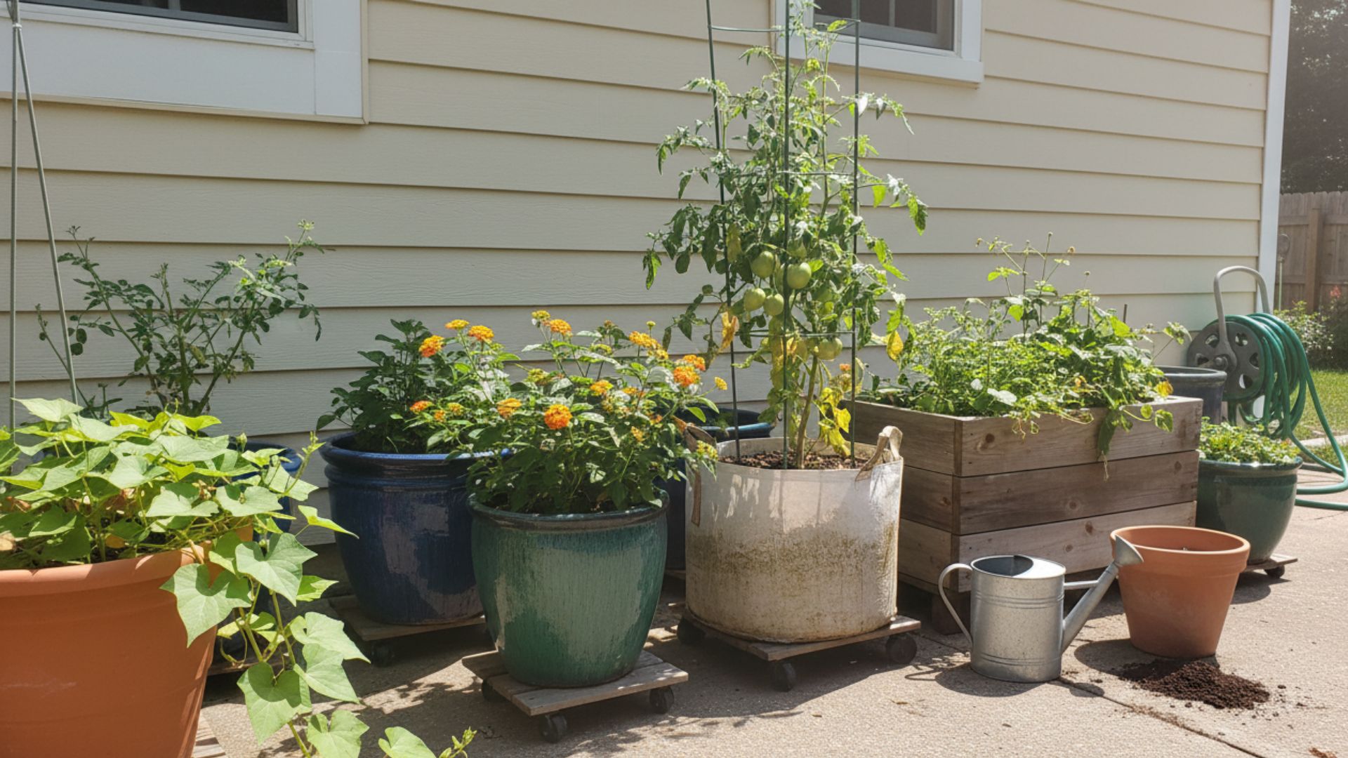 Multiple container plants thriving on a sunny Zone 9 patio with glazed ceramic pots, wooden planters, and fabric grow bags arranged near afternoon shade.