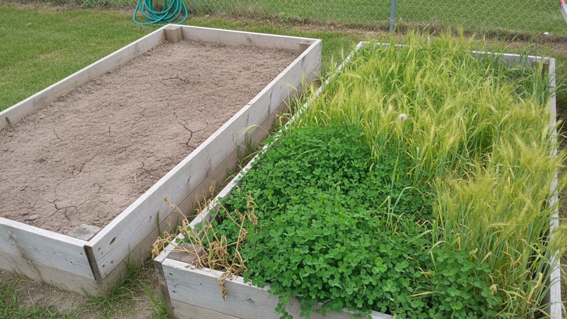 Two raised garden beds side by side in autumn — one bare and compacted, the other covered with thick green cover crops of clover and rye