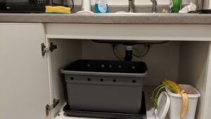 A dark plastic worm composting bin tucked under a kitchen sink with a small scrap collection container beside it