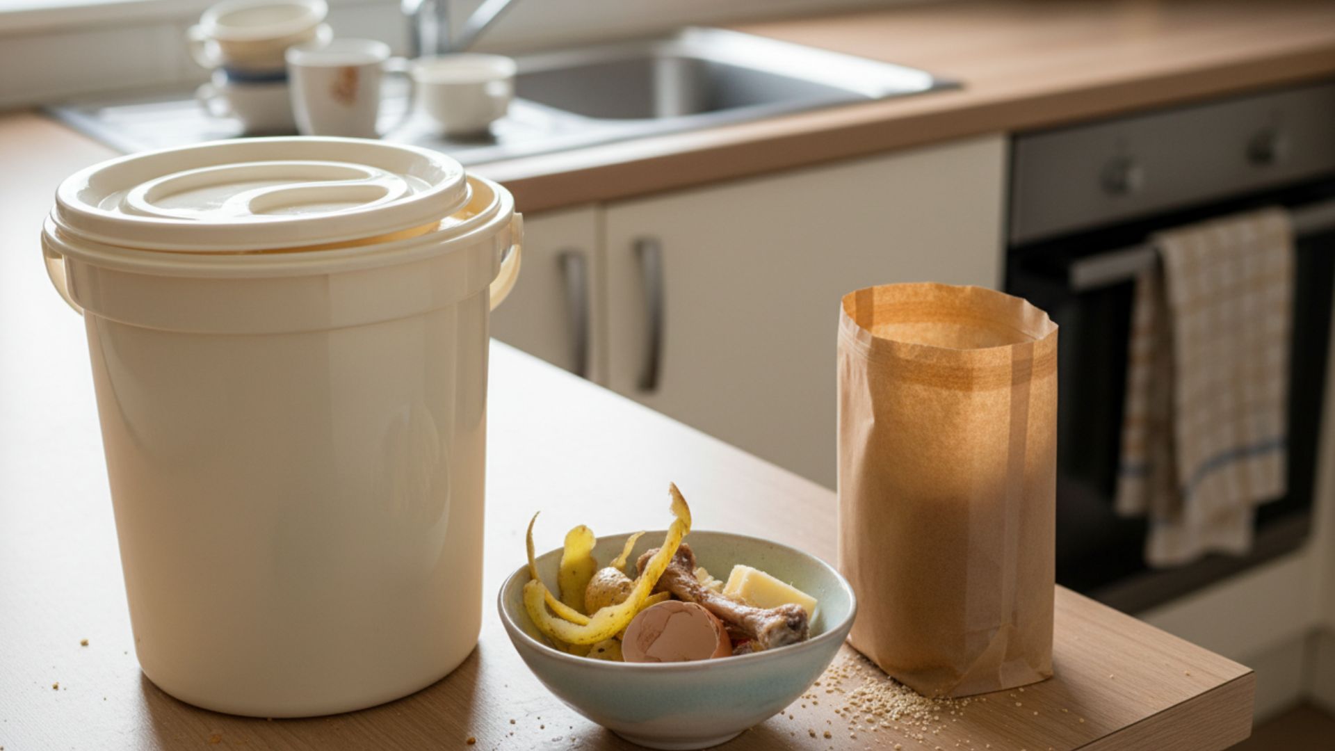 A bokashi composting bucket on a kitchen counter beside food scraps and an open bag of bokashi bran
