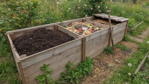 Wooden three-bin compost system in a backyard garden showing different stages of composting