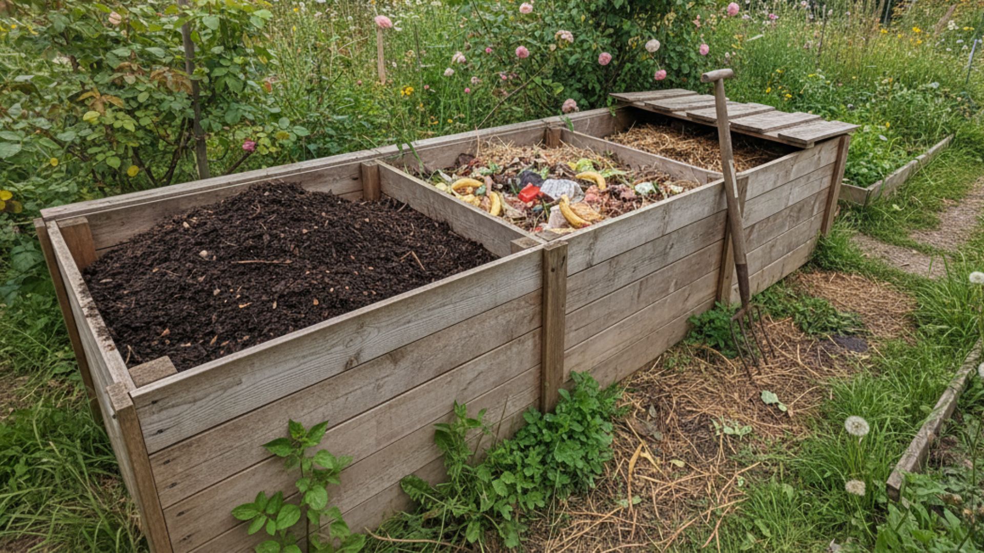 Wooden three-bin compost system in a backyard garden showing different stages of composting