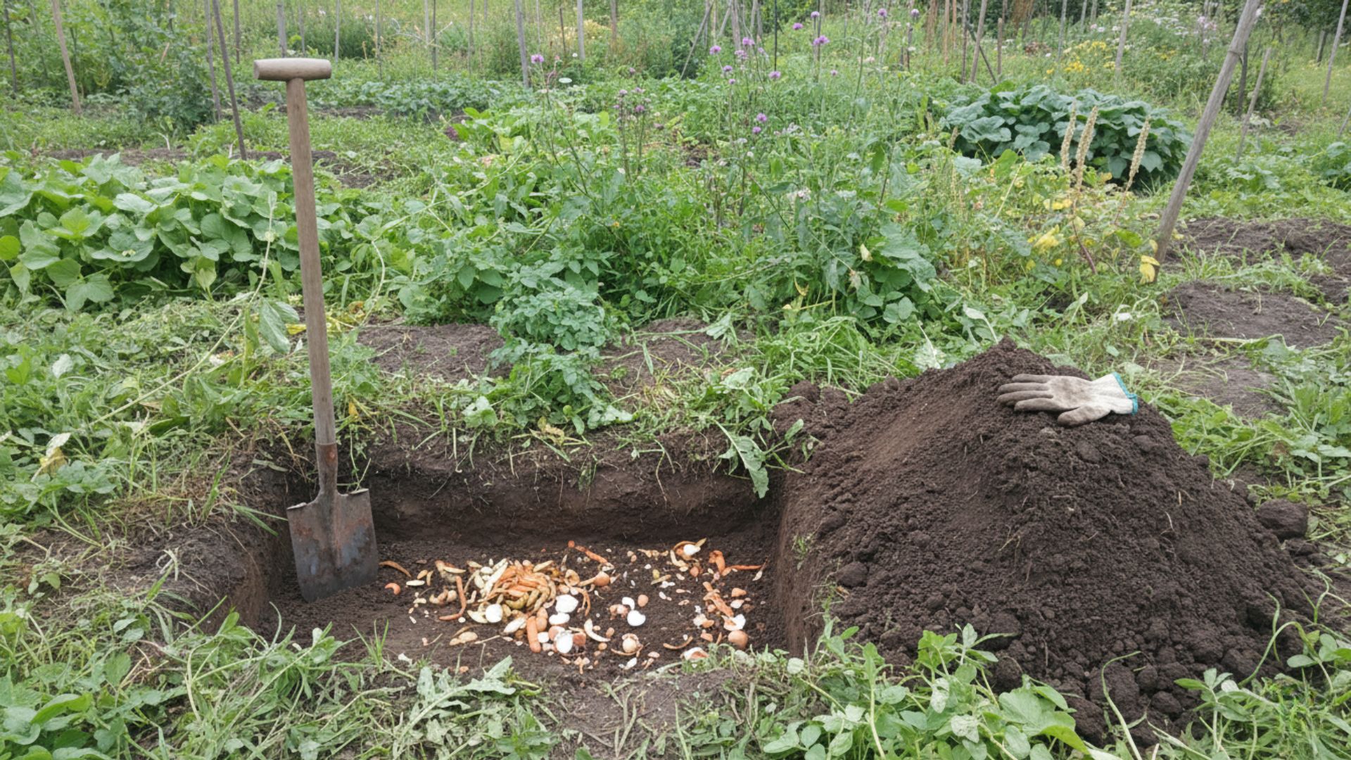 A freshly dug composting trench in a vegetable garden bed with kitchen scraps visible at the bottom and a spade resting against the edge