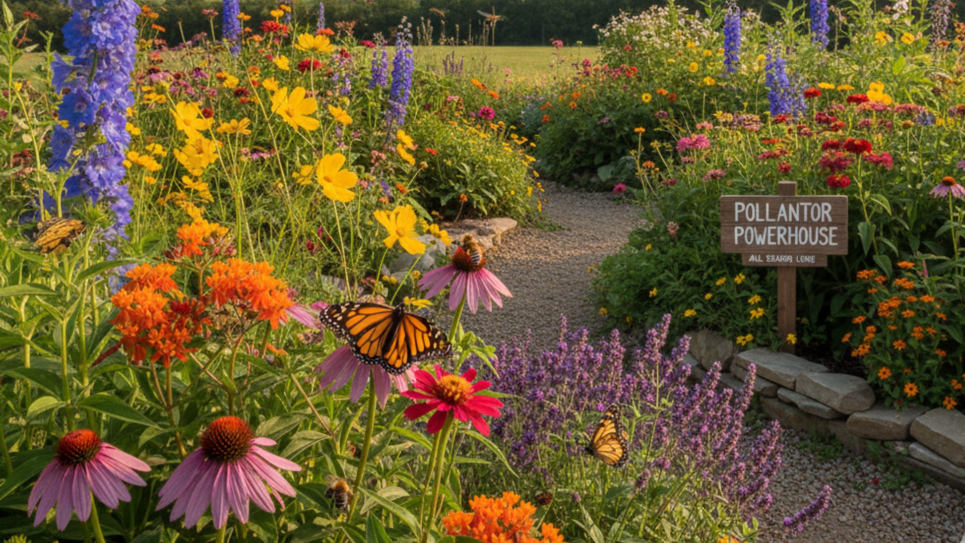 A cottage garden border in full bloom with catmint and open-faced flowers buzzing with bumblebees and hoverflies on an overcast summer day