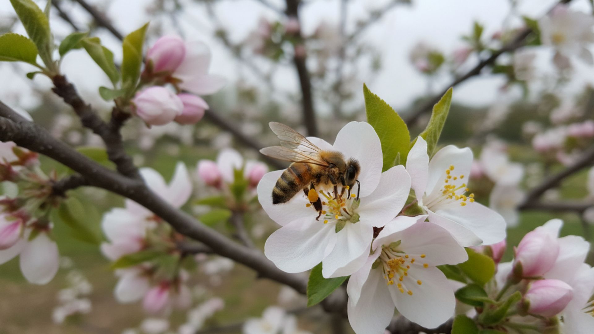 A honeybee landing on a plum tree blossom during cross-pollination season in a northern backyard fruit garden