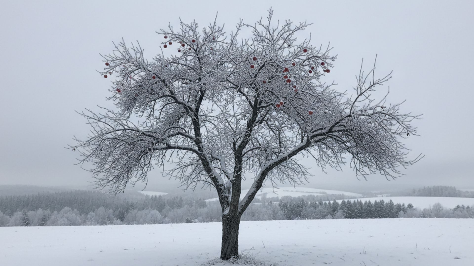 Mature cold-hardy apple tree loaded with red fruit in a Zone 3 northern garden in early September, photographed on an overcast day