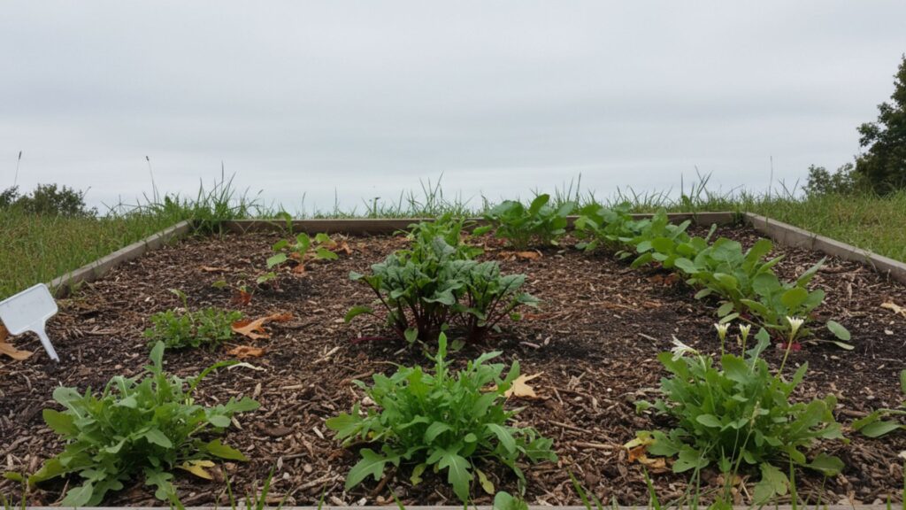90 Days or Bust - Fast-Maturing Vegetables for the Shortest Growing Seasons 15 A short-season vegetable garden bed with arugula, beet seedlings, and radish plants growing in uneven soil under overcast northern summer light.