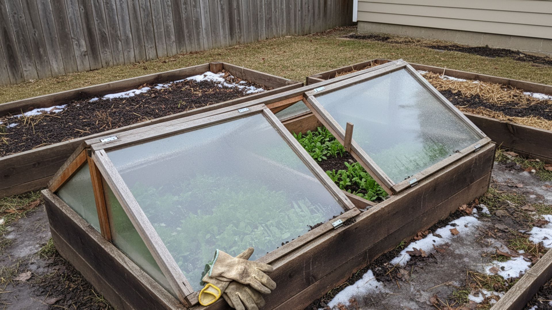Wooden cold frame with glass lid propped open revealing green seedlings growing inside a raised garden bed surrounded by late-winter snow patches