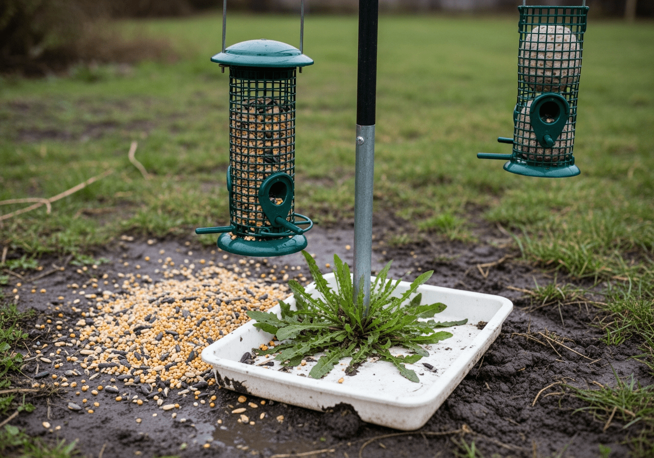 A hanging garden bird feeder filled with mixed seed on a metal pole, with seed spilled on the ground below and a fat ball mesh feeder partially visible to one side, in a small informal back garden under overcast daylight